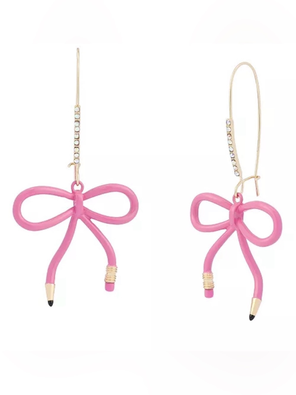 Brand New Betsey Johnson Pink Best In Class Bow Pencil Dangle Earrings